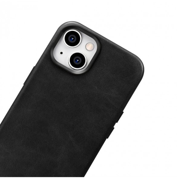 iCarer Oil Wax Premium Leather Case iPhone 14 Magnetic Leather Case with MagSafe Black