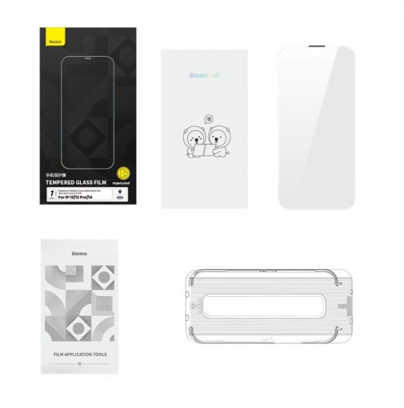 Baseus Tempered Glass for iPhone 14 / 13 Pro / 13 Full Screen with Speaker Cover 0.4mm + Mounting Kit