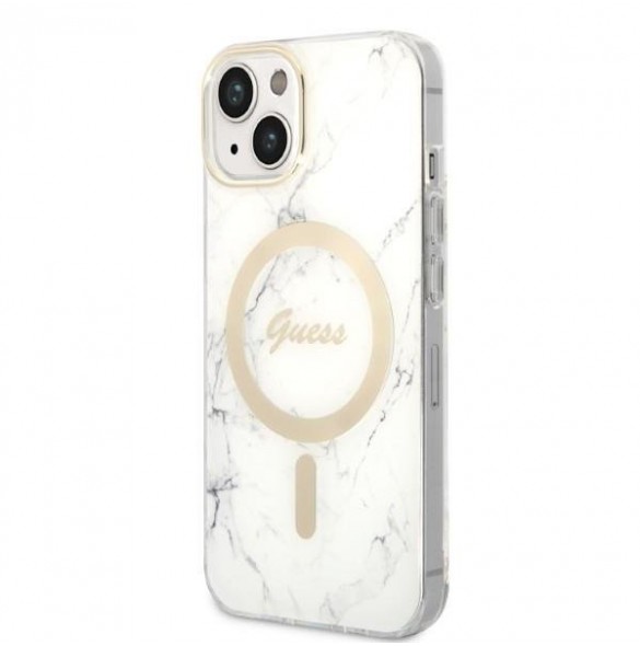 Set Guess Case+ Charger iPhone 14 6.1" white/white hard case Marble MagSafe