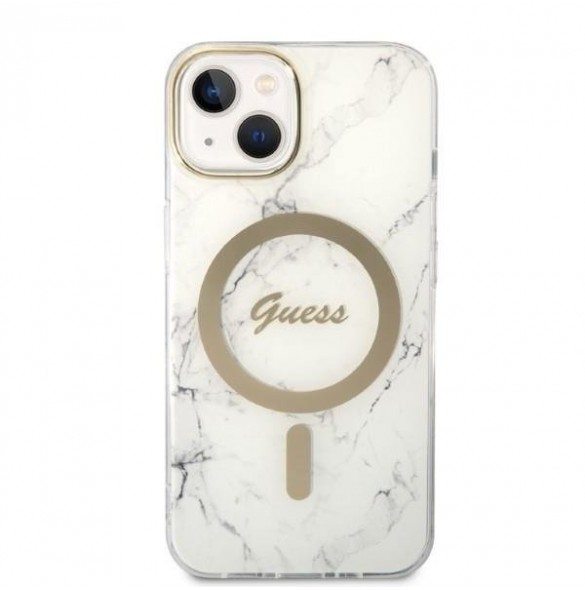 Set Guess Case+ Charger iPhone 14 6.1" white/white hard case Marble MagSafe