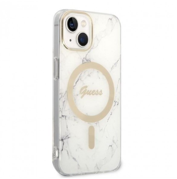 Set Guess Case+ Charger iPhone 14 6.1" white/white hard case Marble MagSafe