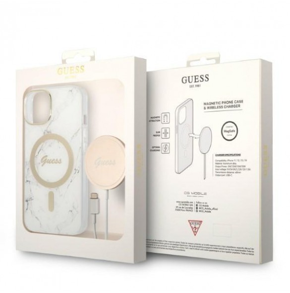 Set Guess Case+ Charger iPhone 14 6.1" white/white hard case Marble MagSafe