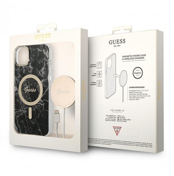 Set Guess GUBPP14SHMEACSK Case+ Charger iPhone 14 6.1" black/black hard case Marble MagSafe