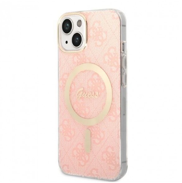 Set Guess Case+ Charger iPhone 14 6.1" pink/pink hard case 4G Print MagSafe
