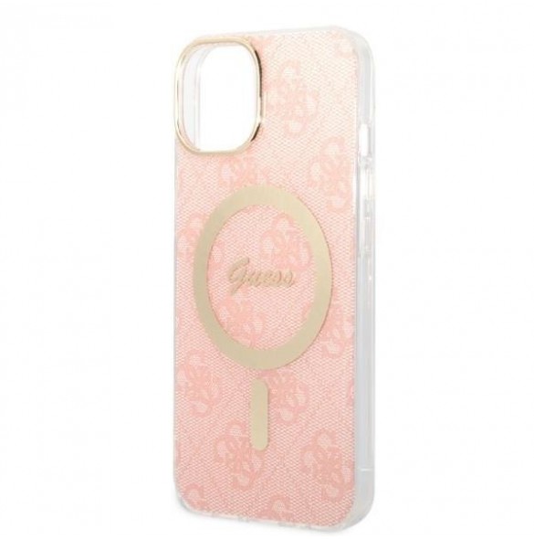Set Guess Case+ Charger iPhone 14 6.1" pink/pink hard case 4G Print MagSafe