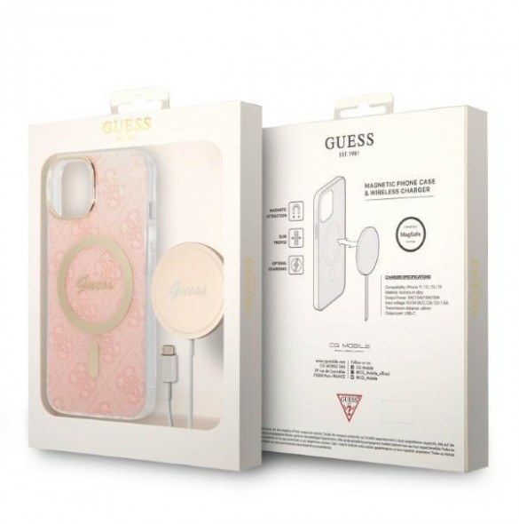 Set Guess Case+ Charger iPhone 14 6.1" pink/pink hard case 4G Print MagSafe