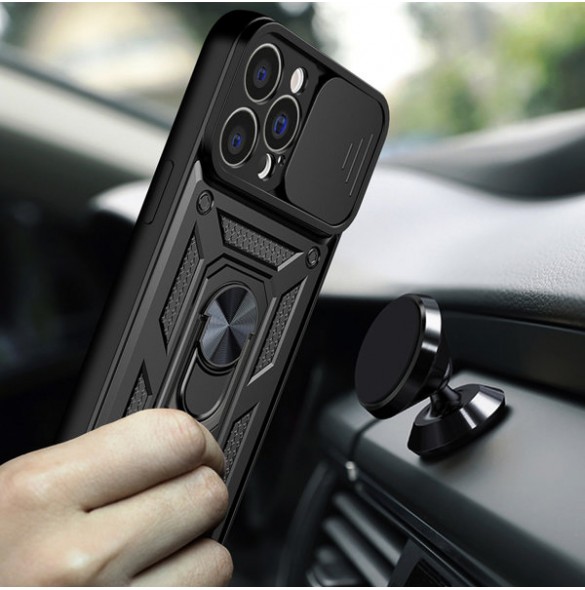 Hybrid Armor Camshield case for iPhone 14 armored case with camera cover black