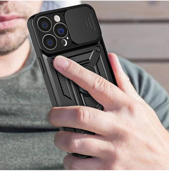 Hybrid Armor Camshield case for iPhone 14 armored case with camera cover black