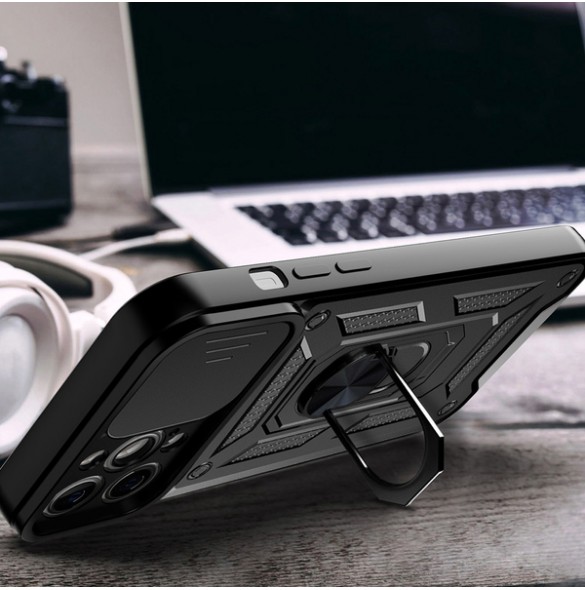 Hybrid Armor Camshield case for iPhone 14 armored case with camera cover black