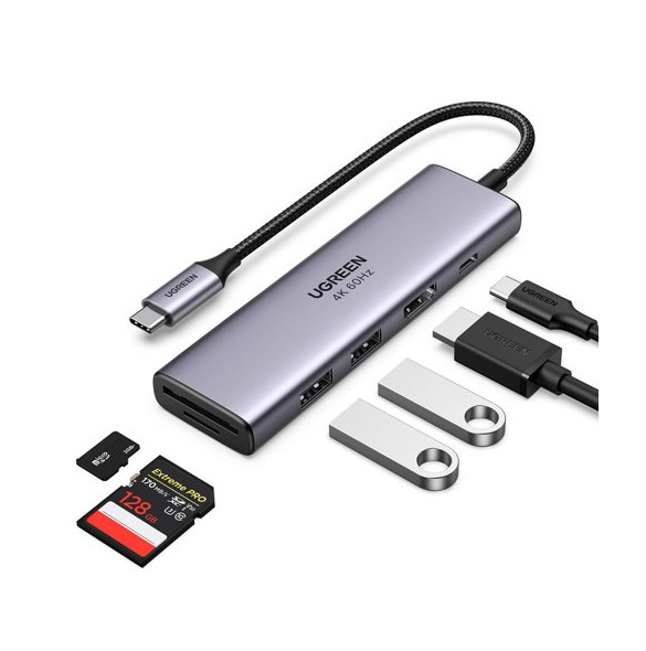 Ugreen multi-functional HUB USB Type C - 2x USB 3.2 Gen 1 / HDMI 4K 60Hz / SD and TF card reader / USB Type C PD 100W gray