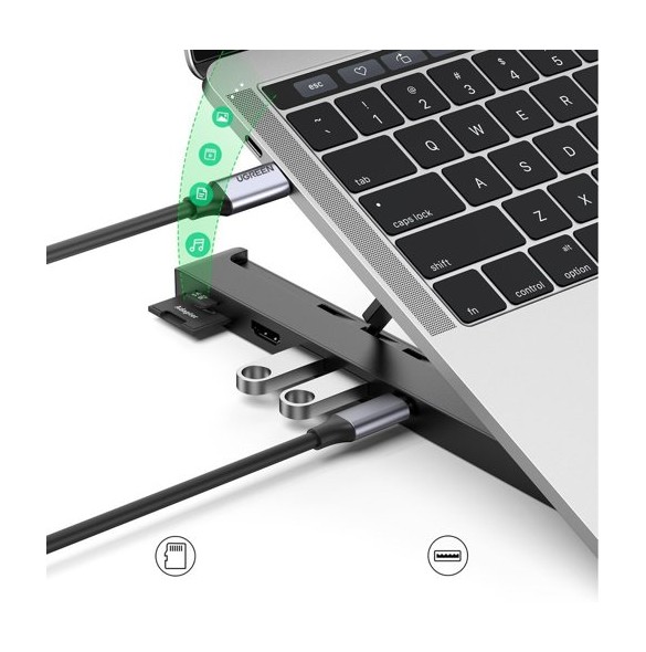 Ugreen X-Kit foldable laptop stand HUB USB Type C - 2x USB 3.2 Gen 1 / HDMI 4K 30 Hz 3D / SD and microSD card reader black