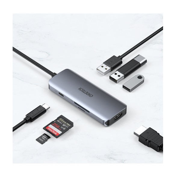 Choetech 7in1 multifunctional USB Type C HUB - 3x USB 3.2 Gen 1 / SD and TF memory card reader / HDMI 4K 30Hz / USB Type C gray