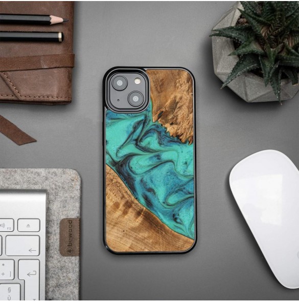 Wood and resin case for iPhone 15 Plus Bewood Unique Turquoise - turquoise and black