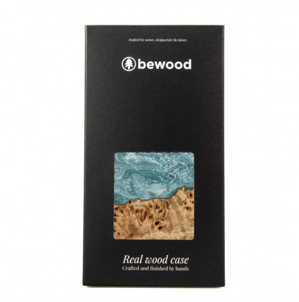 Wood and resin case for iPhone 15 Plus Bewood Unique Uranus - blue and white