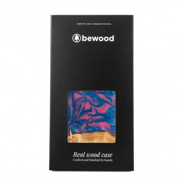 Wood and resin case for iPhone 15 Plus Bewood Unique Vegas - pink and blue