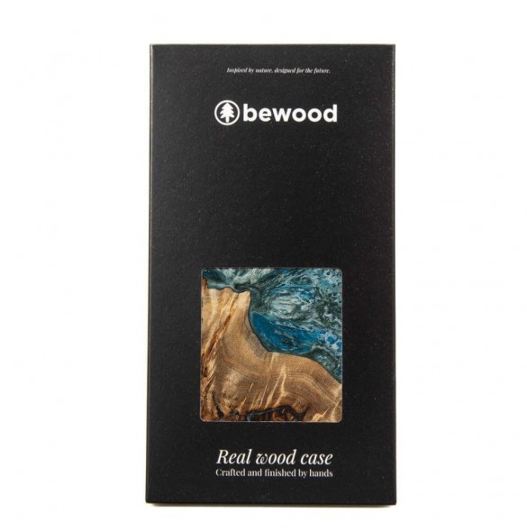 Wood and resin case for iPhone 15 Plus MagSafe Bewood Unique Planet Earth - blue-green