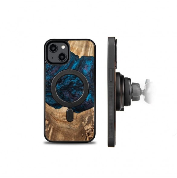 Wood and resin case for iPhone 15 Plus MagSafe Bewood Unique Neptun - navy blue and black