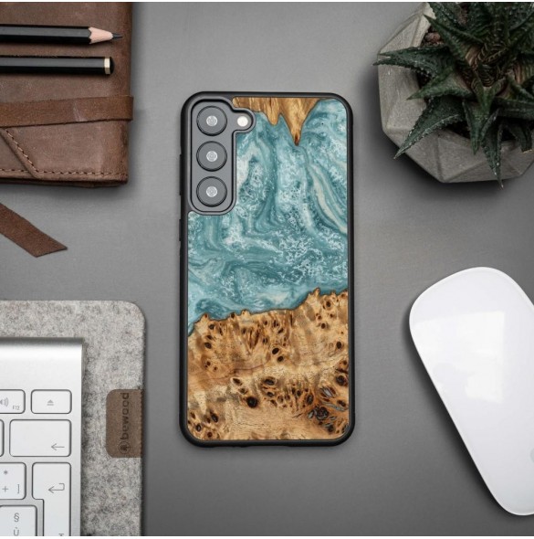 Trä och hartsfodral till Samsung Galaxy S23 Plus Bewood Unique Uranus - blått och vitt