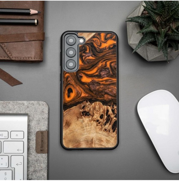 Trä och hartsfodral till Samsung Galaxy S23 Plus Bewood Unique Orange - orange och svart