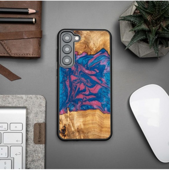 Trä och hartsfodral till Samsung Galaxy S23 Plus Bewood Unique Vegas - rosa och blå