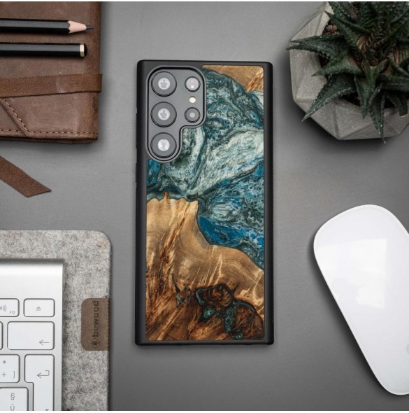 Trä och hartsfodral till Samsung Galaxy S23 Ultra Bewood Unique Planet Earth - blågrön