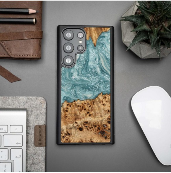 Trä och hartsfodral till Samsung Galaxy S23 Ultra Bewood Unique Uranus - blått och vitt