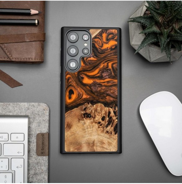 Trä och hartsfodral till Samsung Galaxy S23 Ultra Bewood Unique Orange - orange och svart