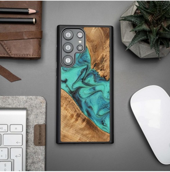 Trä- och hartsfodral till Samsung Galaxy S23 Ultra Bewood Unique Turquoise - Turkossvart