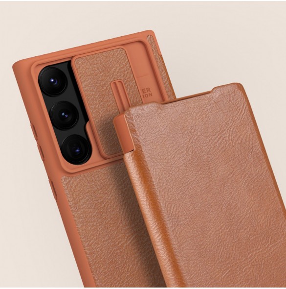 Nillkin Qin Leather Pro-fodral till Samsung Galaxy S23 Ultra Cover med Flip Camera Cover Brun