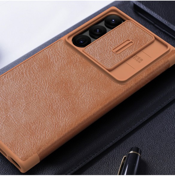 Nillkin Qin Leather Pro-fodral till Samsung Galaxy S23 Ultra Cover med Flip Camera Cover Brun