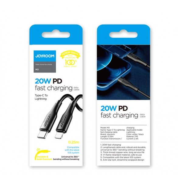 Joyroom USB Typ C - Lightning-kabel Strömförsörjning 20W 2,4A 0,25m vit (S-02524M3 Vit)
