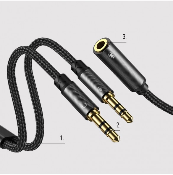 Joyroom AUX splitterkabel 3,5 mm minijack (hona) - 2x 3,5 mm minijack (hane - mikrofon och hörlurar) 0,2 m svart (SY-A05)