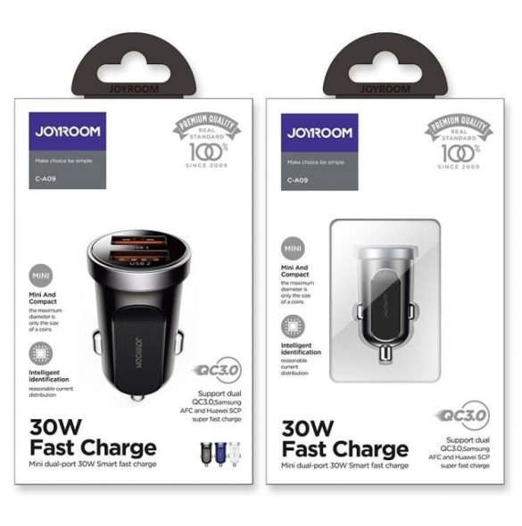 Joyroom C-A09 Mini dubbla portar QC3.0 Smart snabbladdning 2x USB 30W Snabbladdning, SCP, PD, AFC Svart