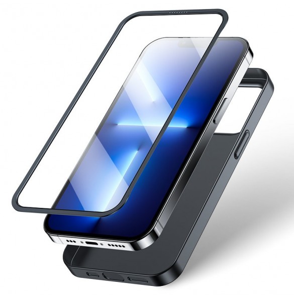 Joyroom 360 Full Case fram och bak skal till iPhone 13 Pro + skärmskydd i härdat glas svart (JR-BP935 svart)