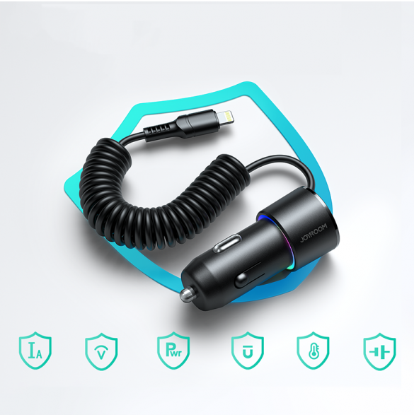 Joyroom 3-i-1 snabb billaddare med Lightning-kabel 1,5m 17W svart (JR-CL25)