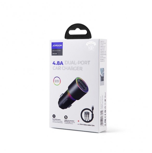 Joyroom billaddare 2 x USB med belysning 24W + strömkabel 3in1 USB Typ C / micro USB / Lightning 1,2m svart (JR-CL10)