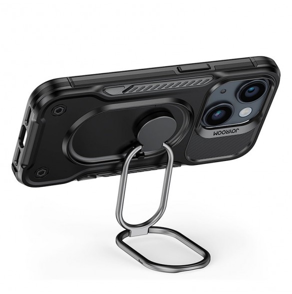 Joyroom Dual Hinge fodral för iPhone 14 Plus pansarfodral med stativ och en ringhållare svart