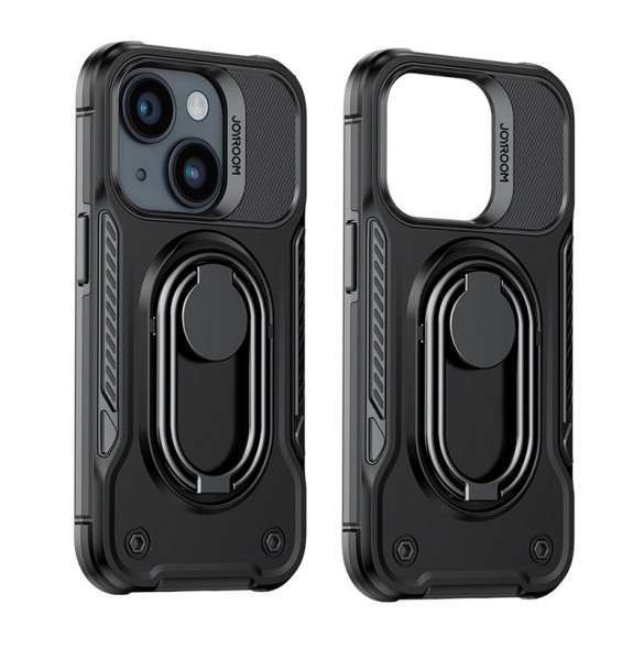 Joyroom Dual Hinge fodral för iPhone 14 Plus pansarfodral med stativ och en ringhållare svart