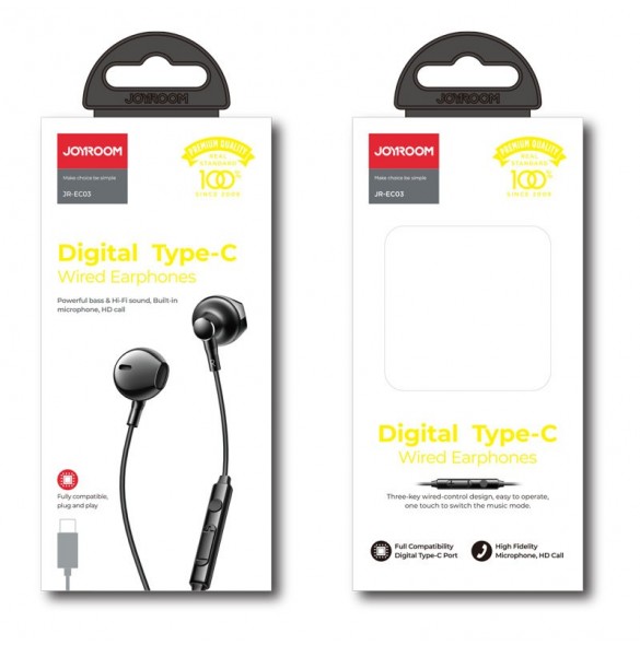 Joyroom In-Ear USB Typ C hörlurar med fjärrkontroll och mikrofon svart (JR-EC03 svart)