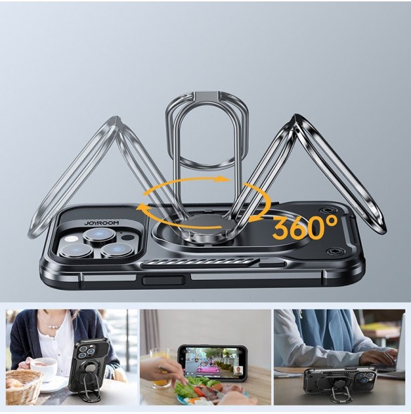 Joyroom Dual Hinge fodral för iPhone 14 Pro pansarfodral med stativ och en ringhållare svart