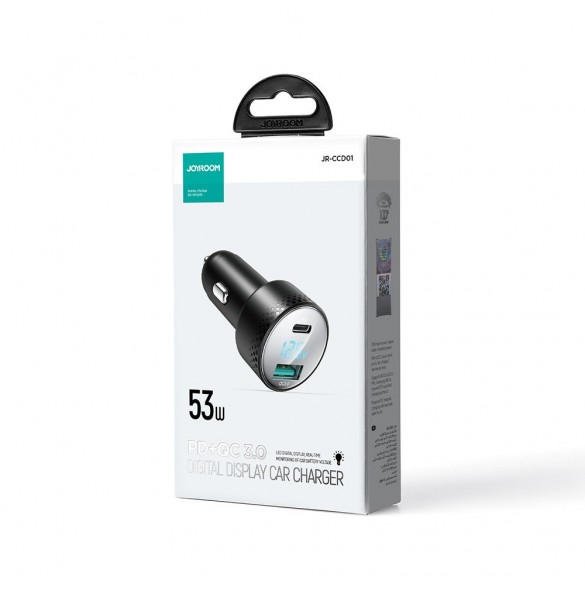 Billaddare med voltmeter 53W (USB C, USB) Joyroom JR-CCD01 svart