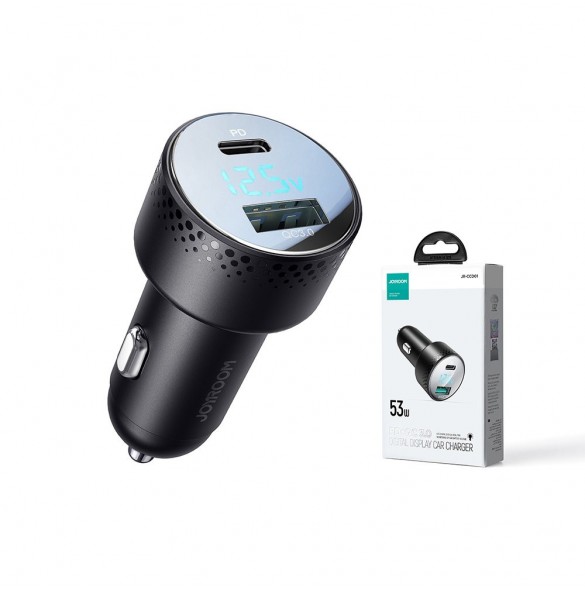 Billaddare med voltmeter 53W (USB C, USB) Joyroom JR-CCD01 svart