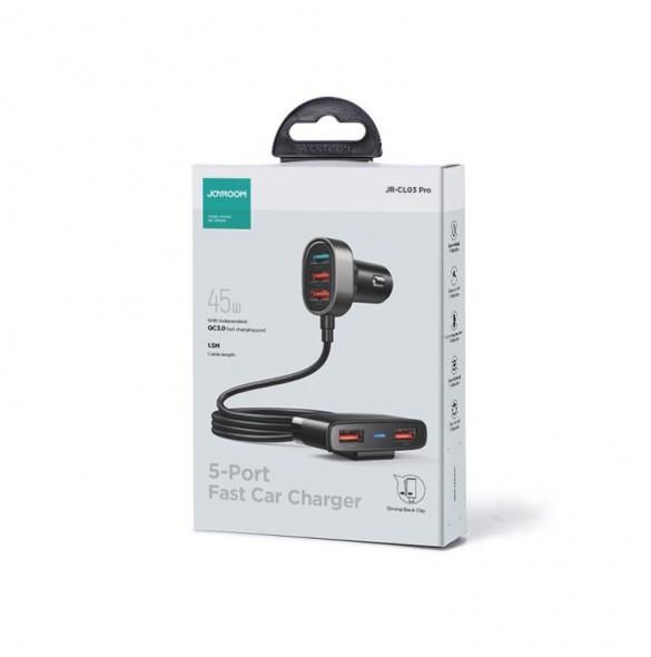 Joyroom snabb billaddare med förlängningskabel 45W 5xUSB-A svart (JR-CL03 Pro)