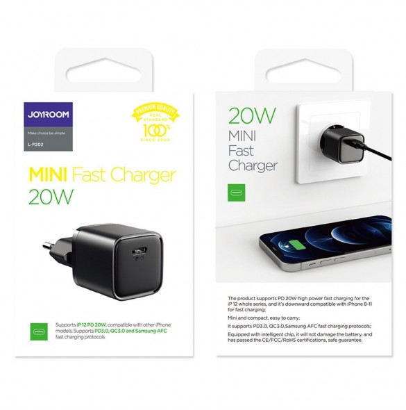 Joyroom snabb väggladdare USB Typ C 20W Power Delivery Quick Charge 3.0 AFC svart (L-P202)