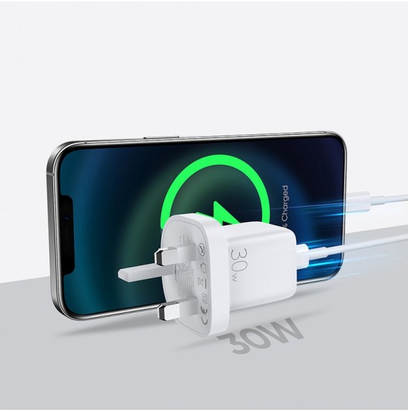 Joyroom väggladdare USB Typ C / USB 30W Strömförsörjning Snabbladdning 4,5A (UK-kontakt) vit (L-QP303)
