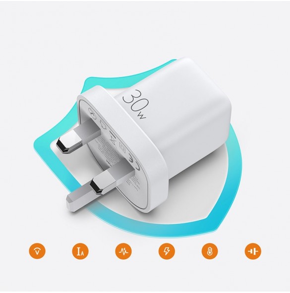 Joyroom väggladdare USB Typ C / USB 30W Strömförsörjning Snabbladdning 4,5A (UK-kontakt) vit (L-QP303)