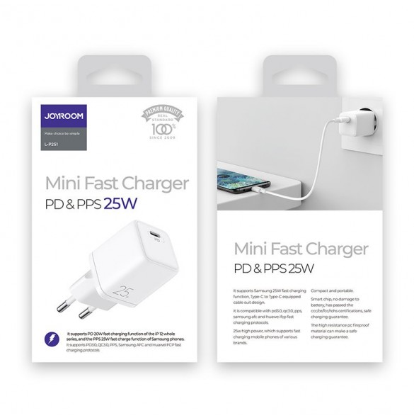 Joyroom Fast USB Typ C Väggladdare 25W 3A EU-kontakt Vit (L-P251)