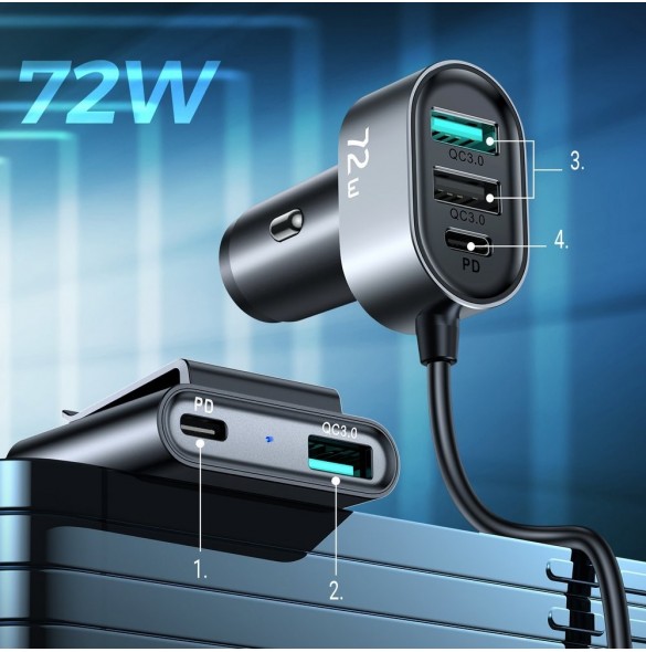 Joyroom billaddare 2xPD + 2xQC3.0 72W 1,5m svart (JR-CL05)