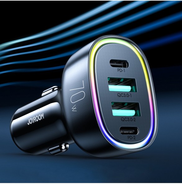 Joyroom billaddare 70W med 4 portar: 2 x USB C, 2 x USB svart (JR-CL29)