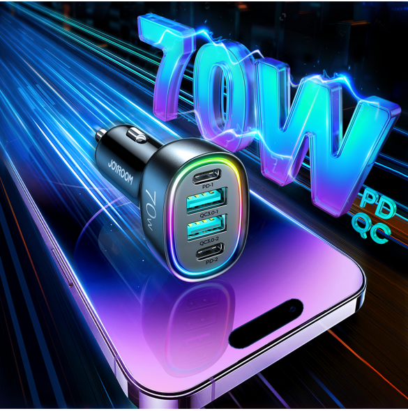 Joyroom billaddare 70W med 4 portar: 2 x USB C, 2 x USB svart (JR-CL29)